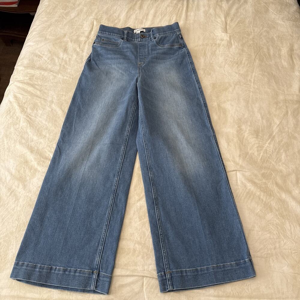 Spanx Jeans Womens Size M Light Blue Denim Seamed Front Wide Leg Pull On